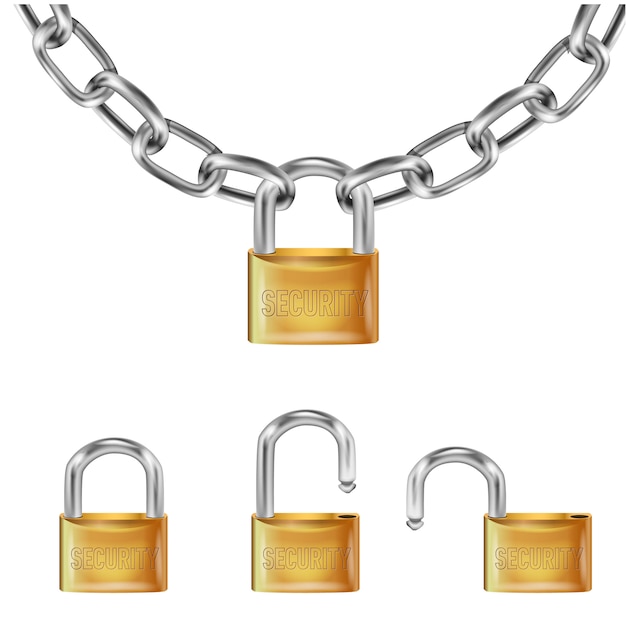 realistic gold lock on Metal chain links, open lock and open with the inscription security.