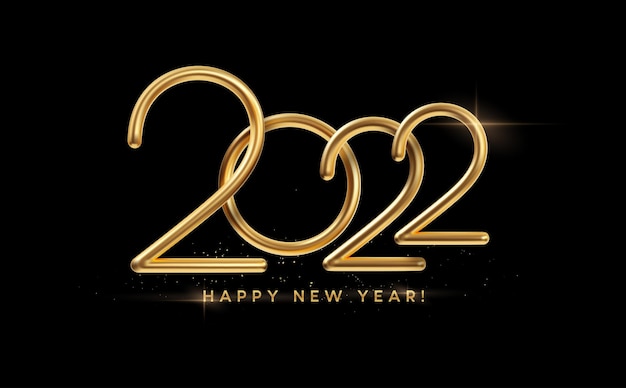 Realistic gold metal inscription 2022. Gold calligraphy New Year 2022 lettering on the black background. Design element for advertising poster, flyer, postcard. Vector illustration EPS10