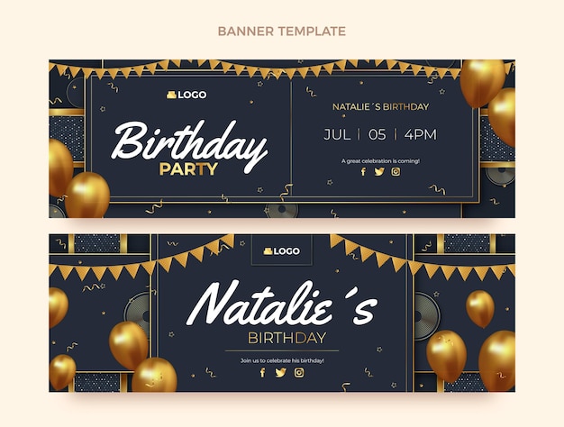 Vector realistic golden birthday horizontal banners