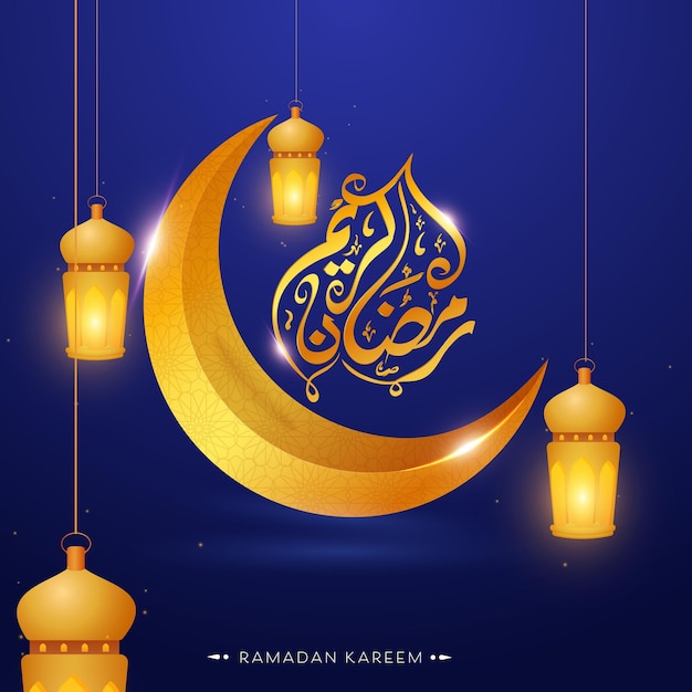 Realistic Golden Illuminate Lanterns and Crescent Moon Decorated Blue Background for Islamic Holy Month of Fasting Ramadan Kareem