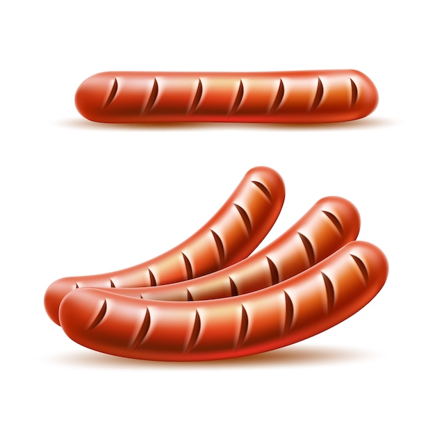 Realistic grilled meat sausage set. Vector Delicious frankfurter