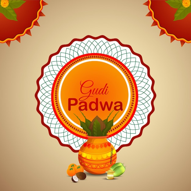 Realistic gudi padwa and abstract background with kalash