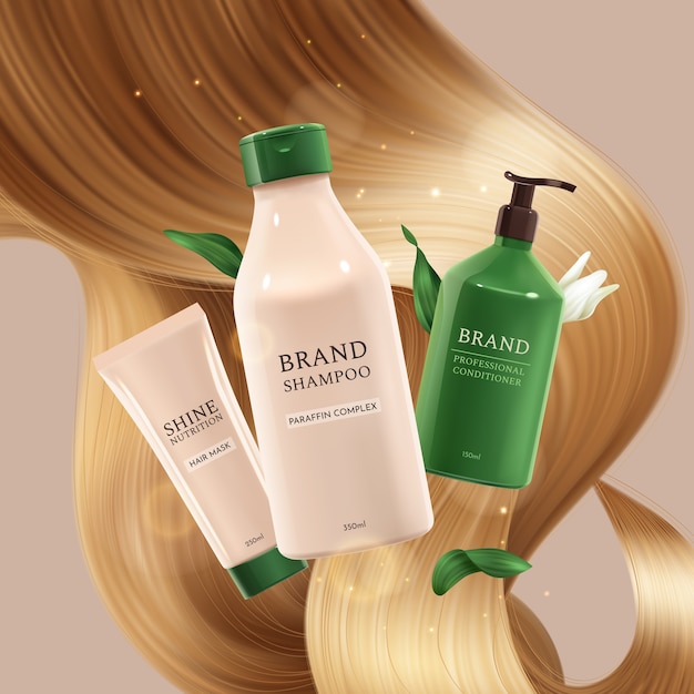 Vector realistic hair products composition with cosmetic bottles