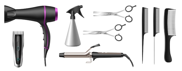 Realistic hairdresser salon or barbershop tools set. 3d professional hairstyle accessories. Scissors, hairdryer, electric razor, curling iron, clippers and combs. 3d vector illustration