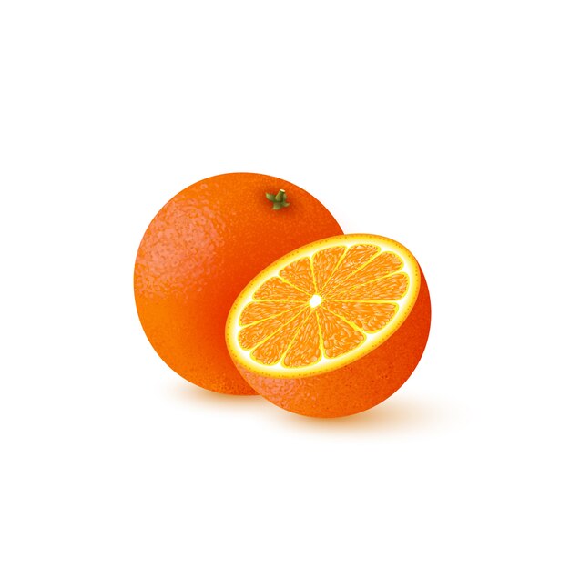 Realistic half cut and whole orange.