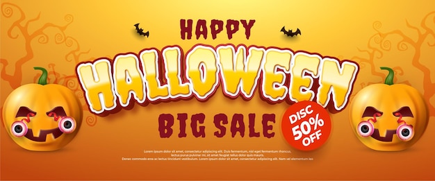 Realistic halloween sale banner with scary pumpkins,Top view vector illustration.