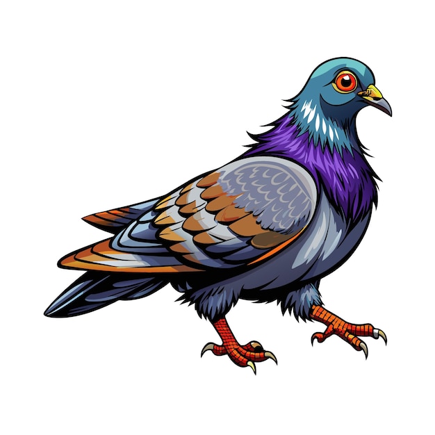 Realistic hand drawn colorful pigeon cartoon animal vector illustration