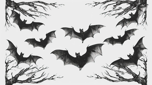 Realistic hand drawn halloween illustration with bats Halloween elements Happy Halloween