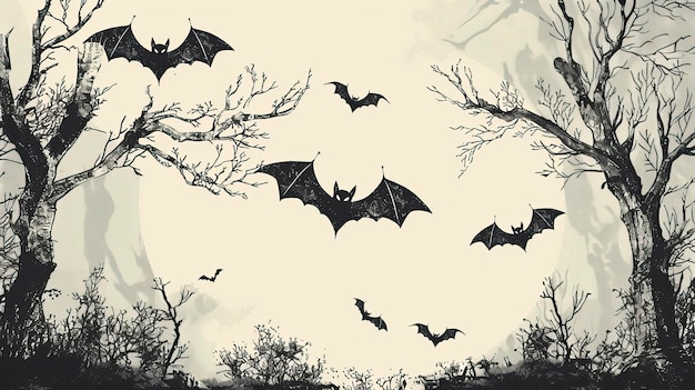 Realistic hand drawn halloween illustration with bats Halloween elements Happy Halloween