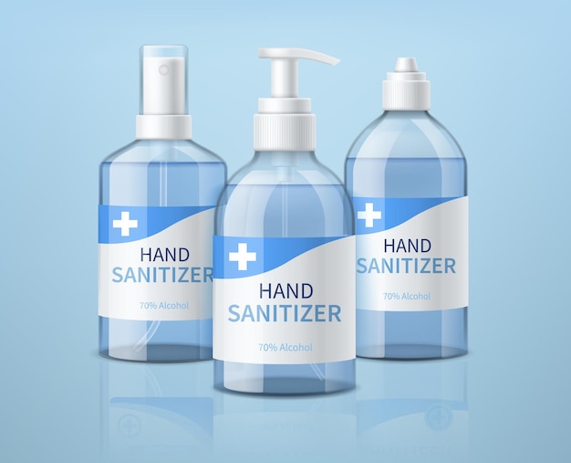 Realistic hand sanitizer bottles. 3d antibacterial cleanser different containers, alcohol disinfectant, hygienic dispenser mockup, covid-19 and flu virus protection poster vector promotional banner