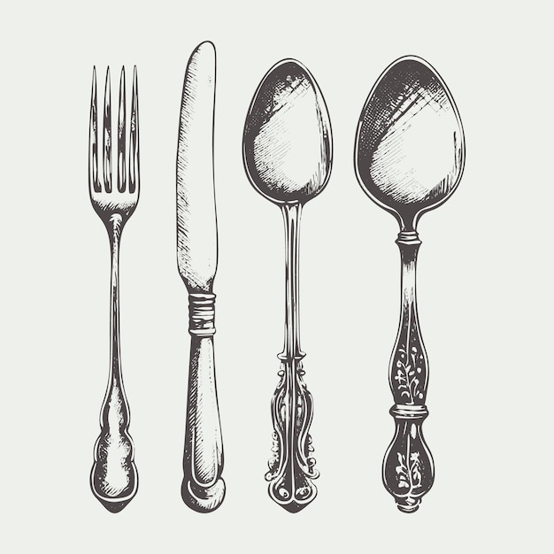 A realistic handdrawn vector illustration sketch of a cutlery set including a fork spoon and knife arranged as a table setting