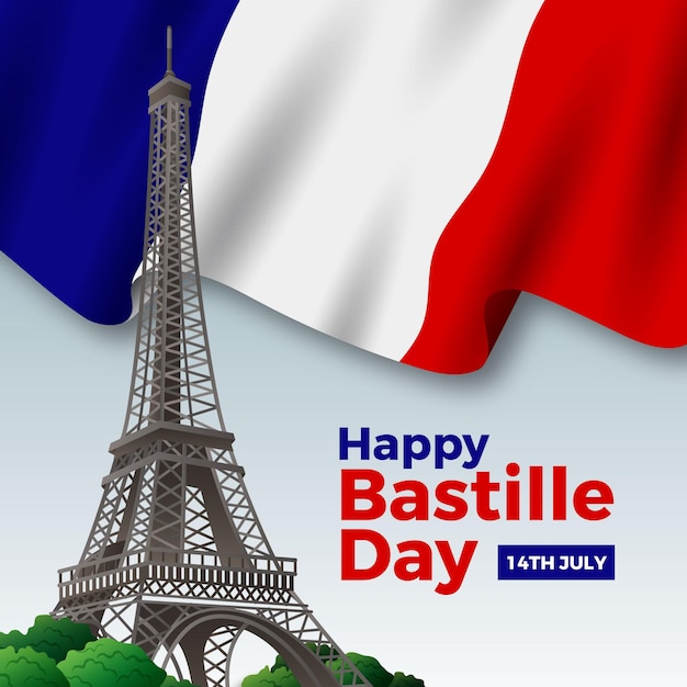 Realistic happy bastille day with flag and eiffel tower