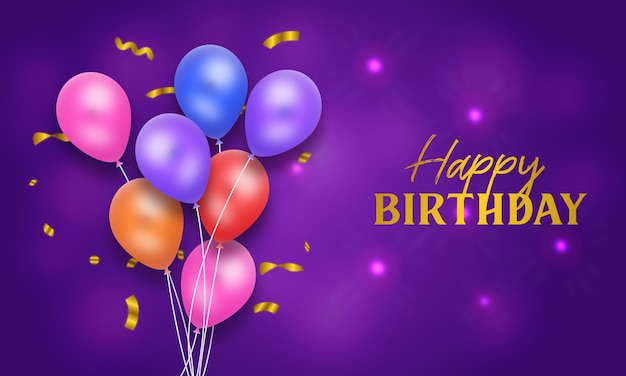 Realistic happy birthday background design with purple color and balloons