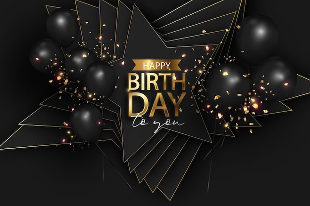 Realistic happy birthday in black and luxury golden celebration happy birthday background