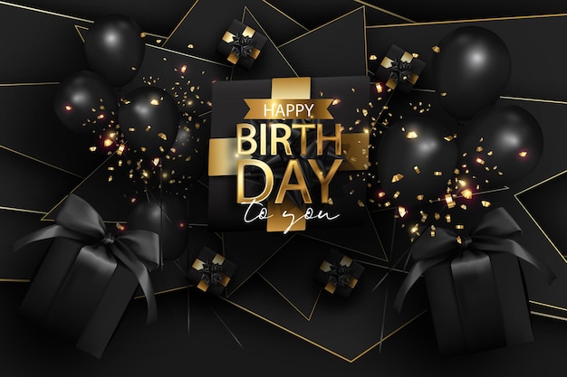 Realistic happy birthday in black and luxury golden celebration happy birthday background