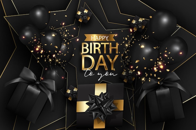 Realistic happy birthday in black and luxury golden celebration happy birthday background