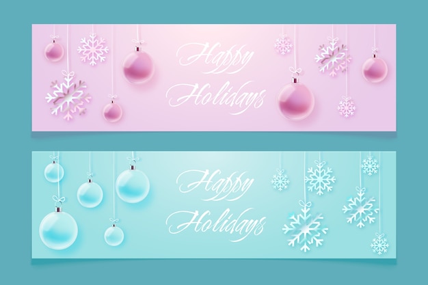 Realistic happy holidays horizontal banners set