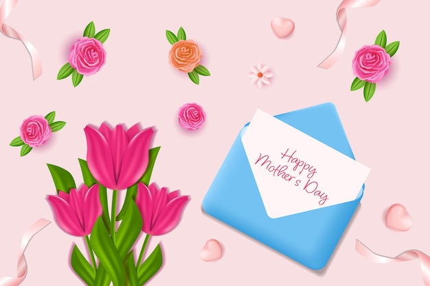 Realistic happy mothers day banner illustration with flowers and envelope