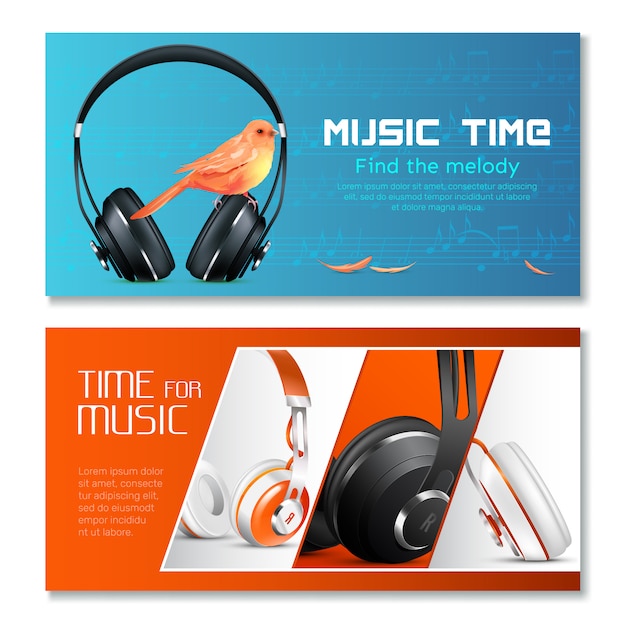 Realistic Headphones Horizontal banner set