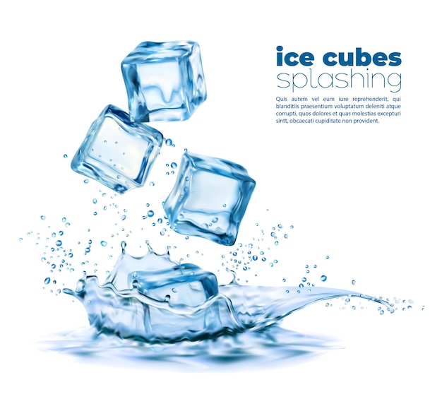 Realistic ice cubes and corona water splash 3d