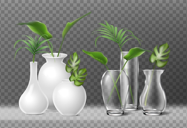 realistic icon Isolated Glass and porcelain flower vases with plants inside