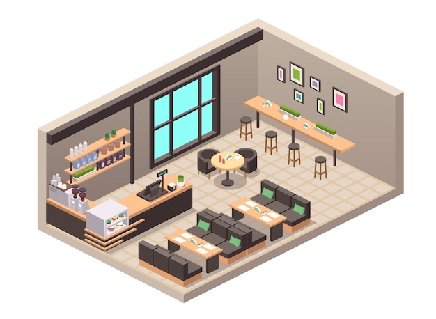  realistic illustration of cafe or cafeteria. Isometric view of interior, tables, sofa, seats, counter, cash register, cakes desserts in showcase, bottled drinks on shelve, coffee machine, decor