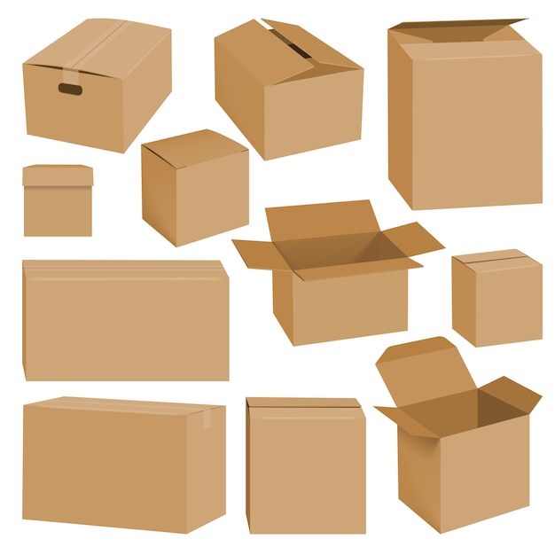 Realistic illustration of cardboard box mockups for web