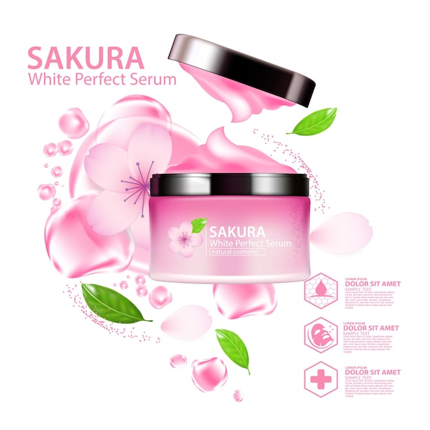 Realistic illustration cosmetic  with ingredients Sakura Cherry Blossoms skincare cosmetic