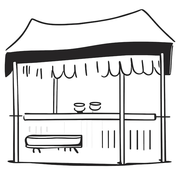 Realistic illustration of empty market stall with red and white striped awning