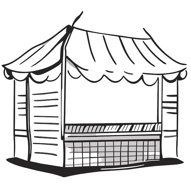 Realistic illustration of empty market stall with red and white striped awning