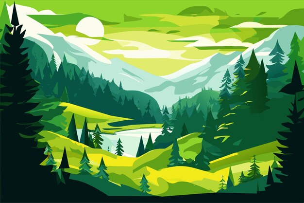 Vector realistic illustration of landscape with coniferous forest with pine trees under morning green sky