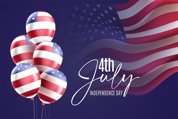 Realistic Independence day USA  template american balloons flag decor on waving american national flag background