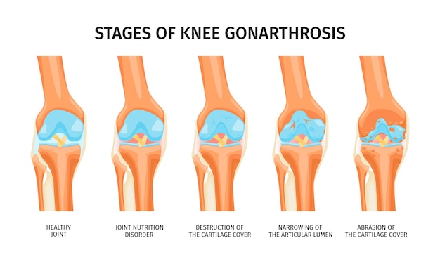 Realistic infographics presenting stages of knee gonarthrosis from healthy joint to abrasion of cartilage cover vector illustration