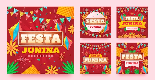 Realistic instagram posts collection for brazilian festas juninas celebrations