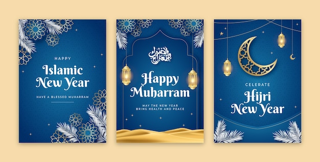 Realistic islamic new year greeting cards collection