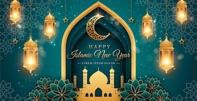 Realistic islamic new year horizontal banner template