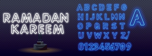 realistic isolated neon sign of Ramadan Kareem typography. Neon Style