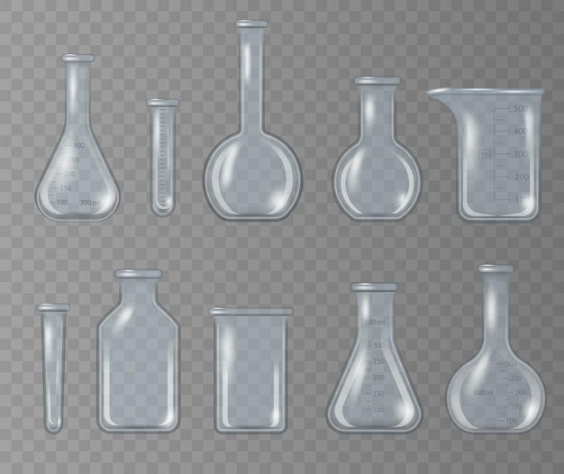 Realistic lab beaker, glass flask and other chemical containers