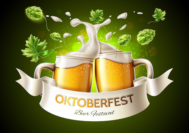 Realistic lager beer glass toasting with and green hop and froth around Oktoberfest poster design