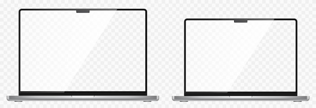 Realistic laptop set. Laptop computer or notebook computer 14 and 16 inches screen. 3D laptops mockup. Blank screen isolated on transparent background - stock vector.