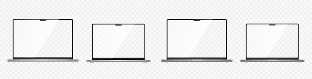 Realistic laptop set. Laptop computer or notebook computer 14 and 16 inches screen. 3D laptops mockup. Blank screen isolated on transparent background - stock vector.