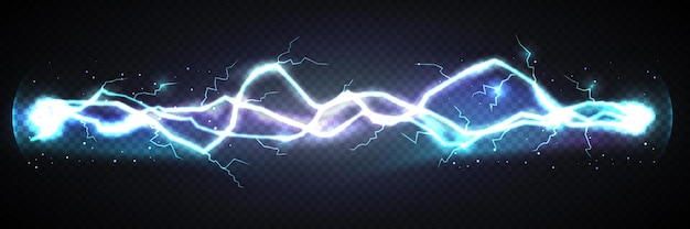 Realistic lightning bolt powerful discharge on dark background