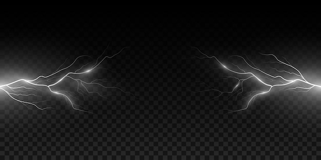 Realistic lightning effect isolated on dark transparent background Thunderbolt with light effect Thunderstorm for design your cover or banner Vector illustration