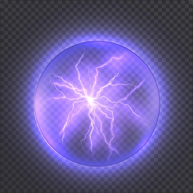 Vector realistic lightning on transparent background explosion of energy with many ball lightning