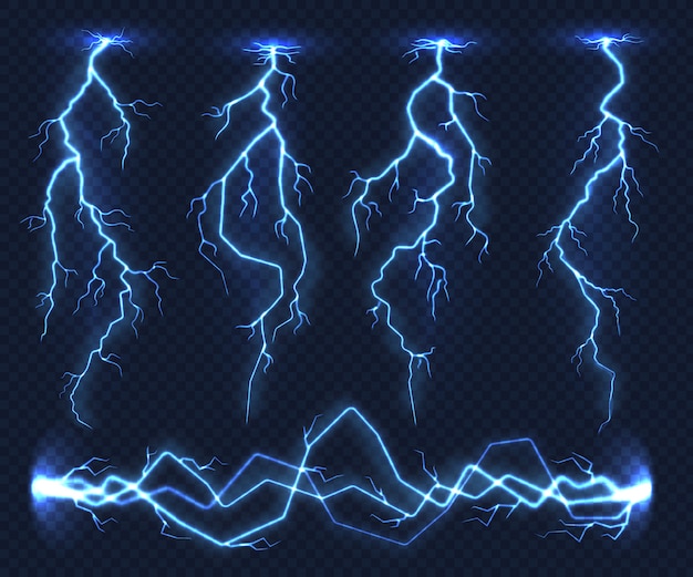 Realistic lightnings. Electricity thunder light storm flash thunderstorm in cloud. Nature power energy charge, thunder shock