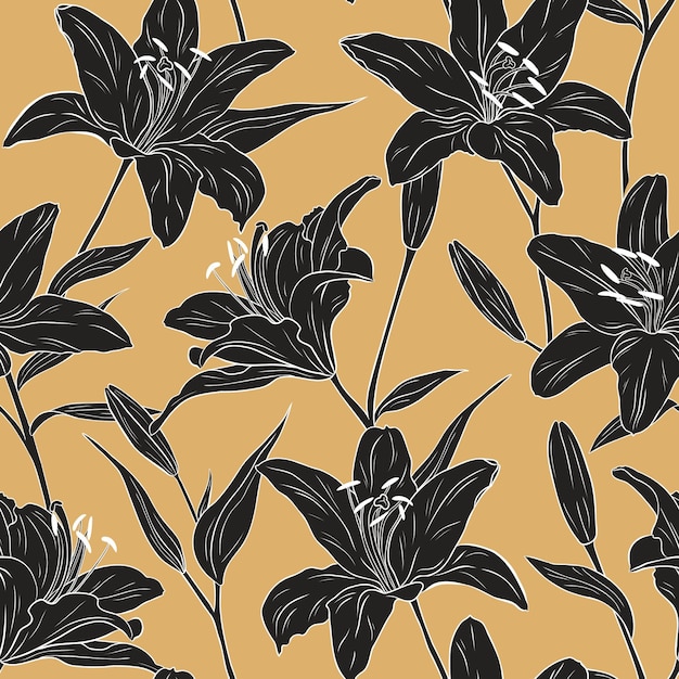 Realistic lilies. Seamless pattern. Flowers, leaves and branches. Hand drawn vector illustration. Line art. Texture for print, fabric, textile, wallpaper.