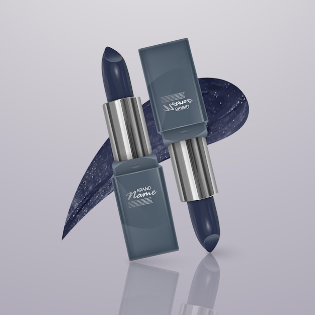 Realistic lipstick of dark blue color with stroke of lipstick. 3d illustration, trendy cosmetic design