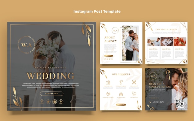 Vector realistic luxury golden wedding instagram post