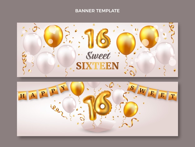 Realistic luxury sweet 16 horizontal banners