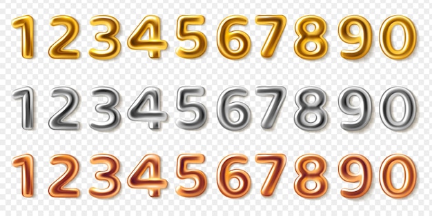 Realistic metal numbers 3d steel numeral shapes zero to nine pink gold silver and bronze anniversary and birthday party decor foil balloon Metallic glossy luxury party decor vector isolated set